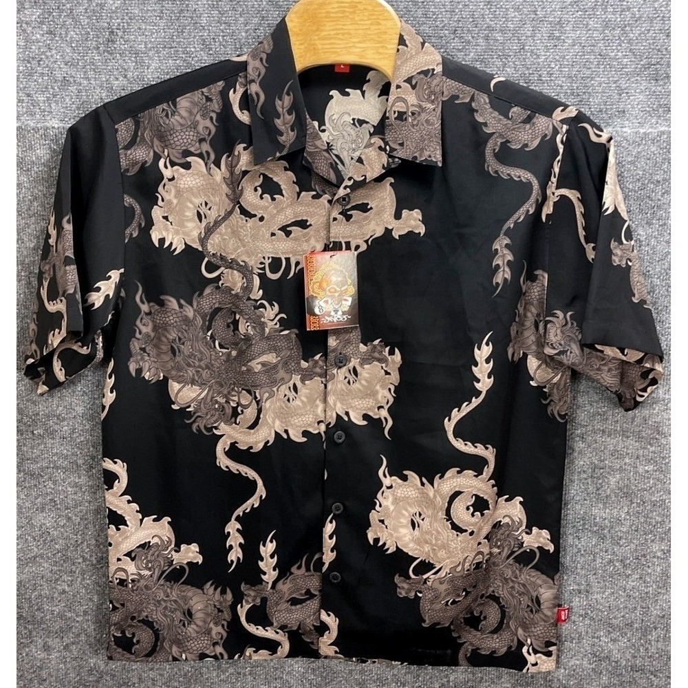 JNCO Jeans NL2212J Dragon Print Shirt Mens Large Black Grey Short Sleeve NWT